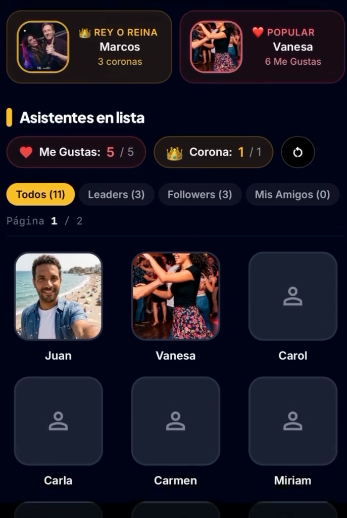 Red Social FlashEvents: Asistentes, Rey/Reina y Popular